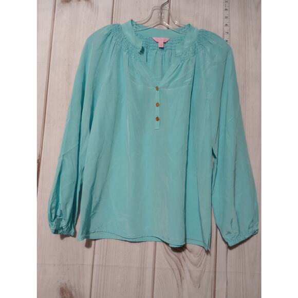 Lilly Pulitzer Blouse Womens‎ XS Blue Silk Long Sleeve Button Pullover Boho Top - Picture 1 of 7